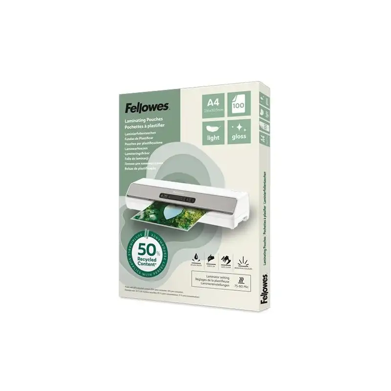 (100142987) FELLOWES FUNDAS DE PLASTIFICAR 80 MICRAS A4 BRILLO PACK 100 UD