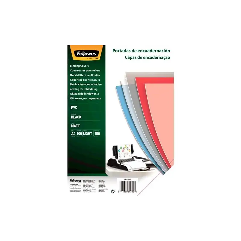 (5100301) FELLOWES TAPAS ENCUADERNACIÓN A4 180 MICRAS PVC OPACO NEGRO PACK 100 UD