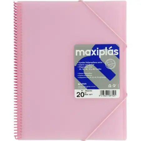 (39832093) GRAFOPLÁS CARPETA CON FUNDAS MAXIPLÁS ESPIRAL A4 20 FUNDAS C/SOBRE PP RÍGIDO TRANSLÚCIDO ROSA SOFT