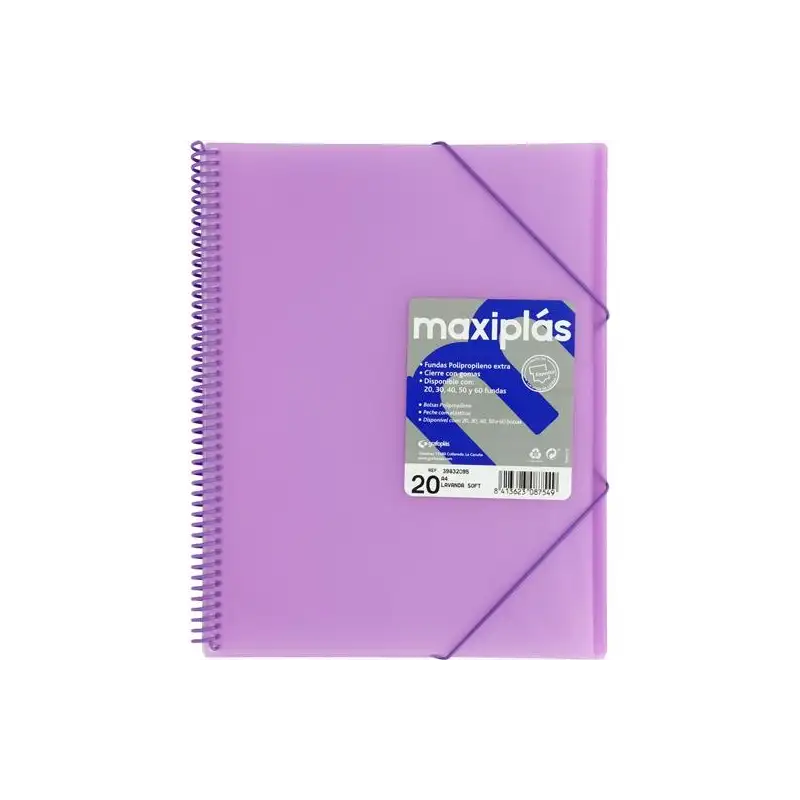 (39832095) GRAFOPLÁS CARPETA CON FUNDAS MAXIPLÁS ESPIRAL A4 20 FUNDAS C/SOBRE PP RÍGIDO TRANSLÚCIDO LAVANDA SOFT