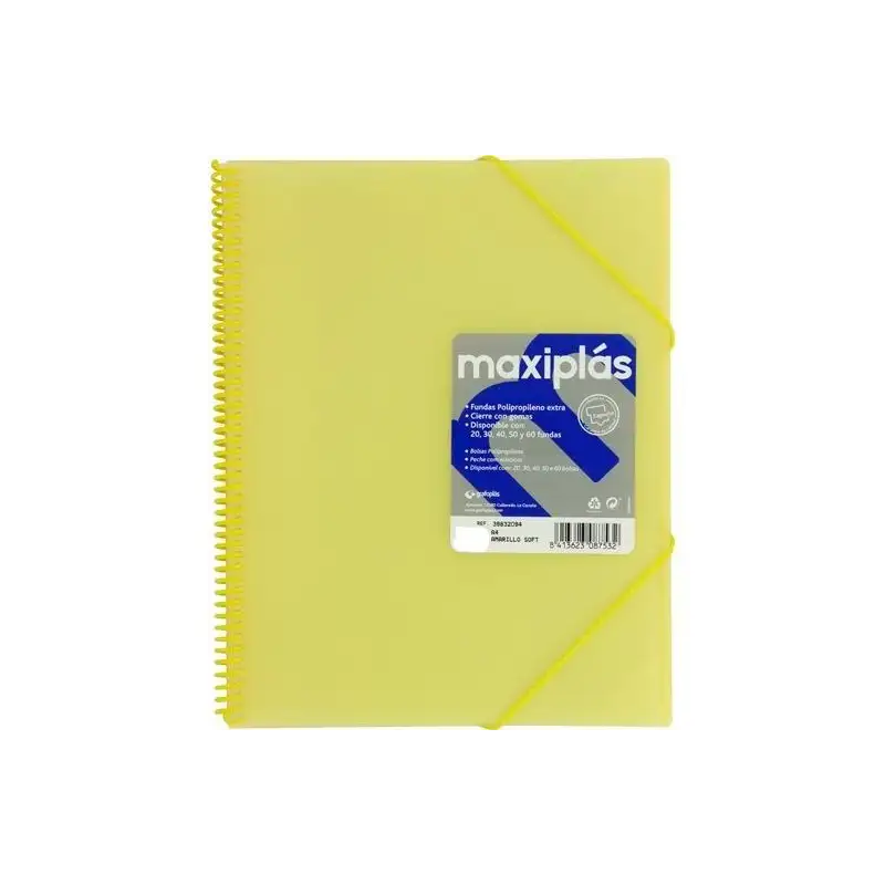 (39833094) GRAFOPLÁS CARPETA CON FUNDAS MAXIPLÁS ESPIRAL A4 30 FUNDAS C/SOBRE PP RÍGIDO TRANSLÚCIDO AMARILLO SOFT
