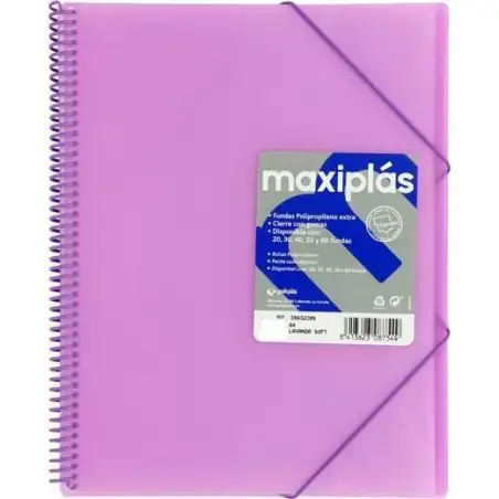(39834095) GRAFOPLÁS CARPETA CON FUNDAS MAXIPLÁS ESPIRAL A4 40 FUNDAS C/SOBRE PP RÍGIDO TRANSLÚCIDO LAVANDA SOFT