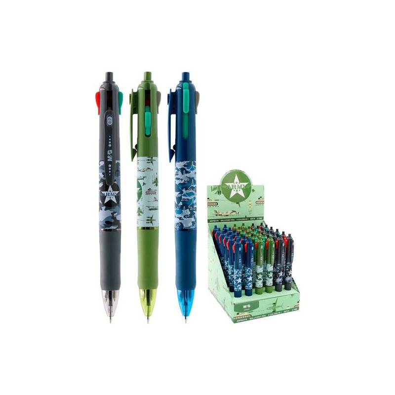 (ABP803T6) M&G BOLÍGRAFO 4 COLORES ARMY SURTIDO EXPOSITOR 36 UD