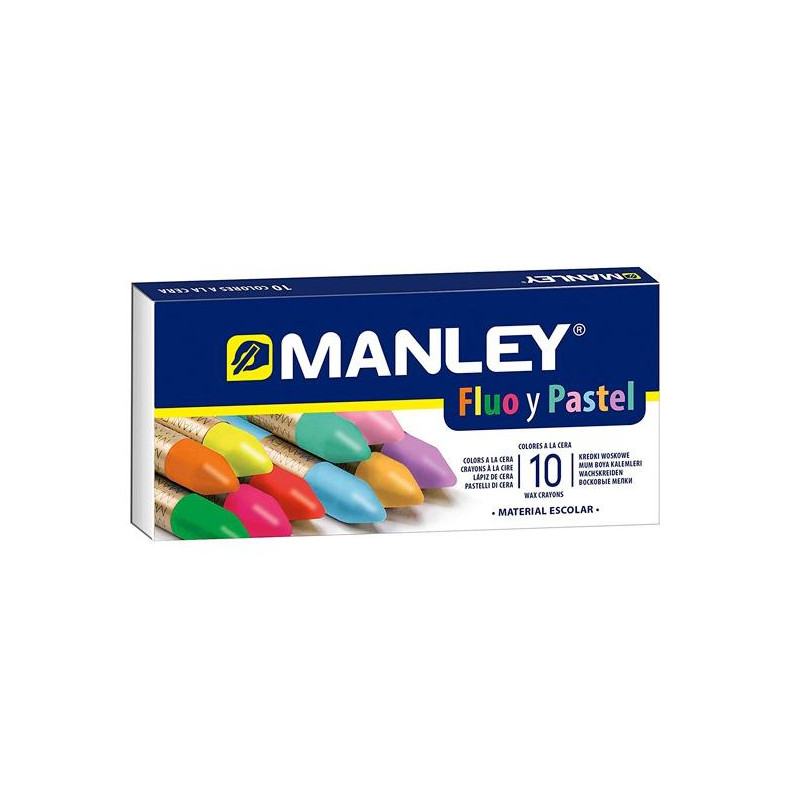 (MNC00044) MANLEY ESTUCHE DE 10 CERAS BLANDAS 60MM C/SURTIDOS FLUORESCENTES Y PASTEL