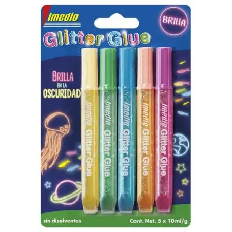 (7001470) IMEDIO ADHESIVO GLITTER GLUE BRILLA EN LA OSCURIDAD TUBO 10ML BLÍSTER 5 C/SURTIDOS
