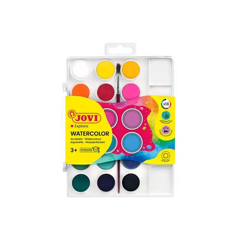 (800/18) JOVI ACUARELAS EN PASTILLAS 22MM CON PINCEL COLORES SURTIDOS ESTUCHE 18 UD