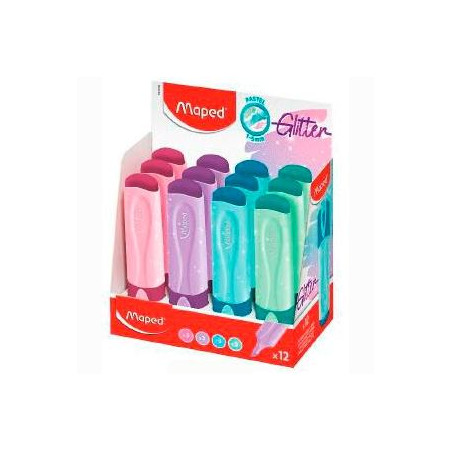 (742038) MAPED MARCADOR FLUORESCENTE FLUOR´PEPS GLITTER C/SURTIDOS EXPOSITOR 12 UD