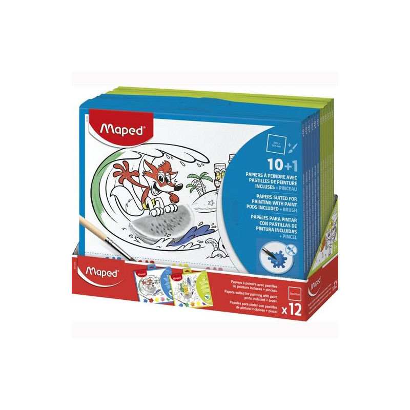 (831225) MAPED 10 PAPELES PARA PINTAR CON PASTILLAS DE PINTURA + PINCEL COLORES SURTIDOS