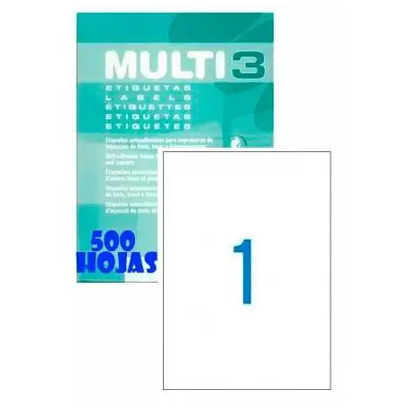 (10533) MULTI-3 ETIQUETAS ADHESIVAS 210X297MM INKJET/LÁSER C/RECTOS 1 X 500H BLANCO