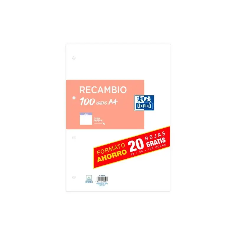 (100430209) OXFORD RECAMBIO PAQUETE A4 80H + 20H GRATIS LISO