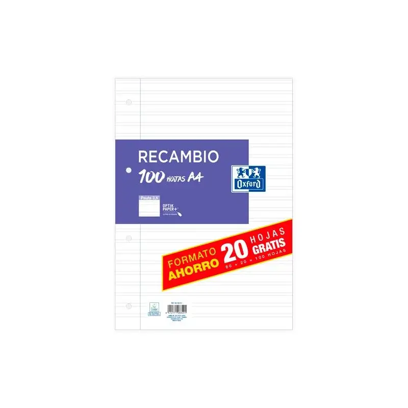 (100430211) OXFORD RECAMBIO PAQUETE A4 80H + 20H GRATIS PAUTA 3