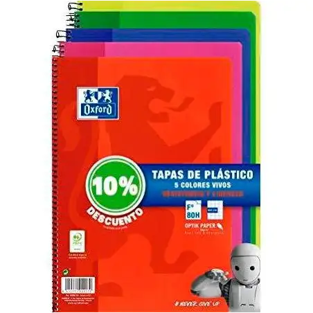 (400091365) OXFORD CUADERNO ESPIRAL 80H FOLIO 4X4MM C/MARGEN TAPA DE PLÁSTICO PACK 5 UD (10% DTO) C/SURTIDOS VIVOS