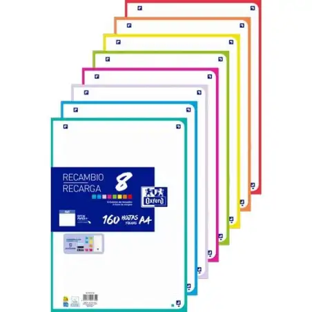 (400207228) OXFORD RECAMBIO PAQUETE 160 HOJAS SUELTAS 4 TALADROS A4 5X5 8 COLORES