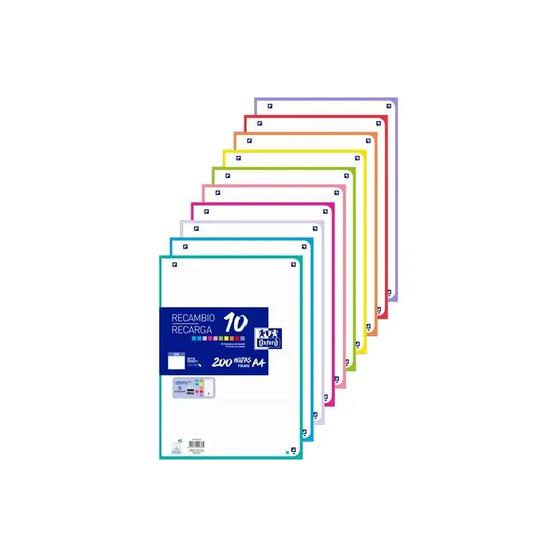 (400207229) OXFORD RECAMBIO PAQUETE 200 HOJAS SUELTAS 4 TALADROS A4 5X5 10 COLORES