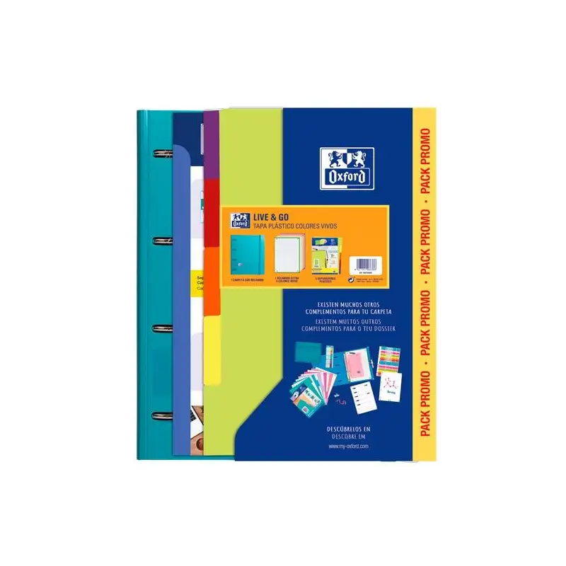 (400194690) OXFORD EUROPEANBINDER LIVE & GO CARPETA 4 ANILLAS A4 C/RECAMBIO 80H 5X5 C/SEPARADORES POLYFOAM COLORES VIVOS PACK...