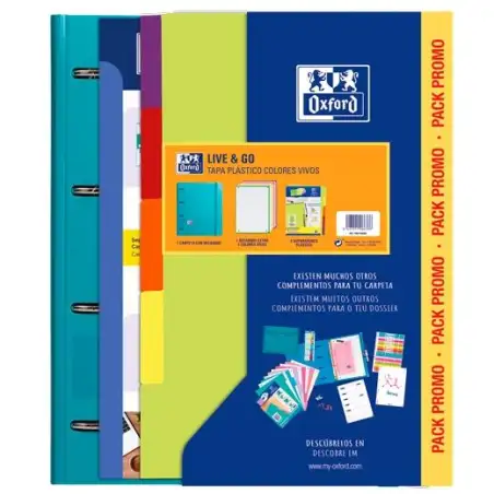 (400194690) OXFORD EUROPEANBINDER LIVE & GO CARPETA 4 ANILLAS A4 C/RECAMBIO 80H 5X5 C/SEPARADORES POLYFOAM COLORES VIVOS PACK...