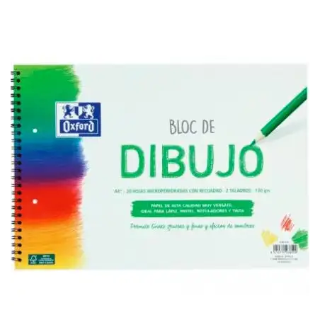 (400148236) OXFORD BLOC DIBUJO ESCOLAR MULTITALADRO 2 T/ BLANDA ESPIRAL 20H 130GR A4+ C/ RECUADRO BLANCO