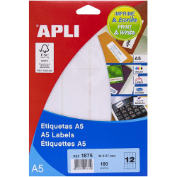 (01875) APLI ETIQUETAS ADHESIVAS 34X67MM MANUAL/IMPRESIÓN C/ROMOS 12 X 15H A5 BLANCO