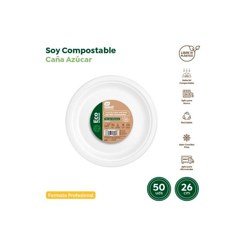 (30502) MAXI PRODUCTS PLATO LLANO COMPOSTABLE Ø26CM CAÑA DE AZÚCAR BLANCO PACK 50 UD