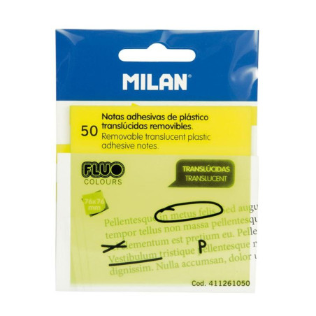 (411261050) MILAN BLOC NOTAS ADHESIVAS REMOVIBLES 50H 76X76 PLÁSTICO TRANSLÚCIDAS AMARILLO FLUORESCENTE