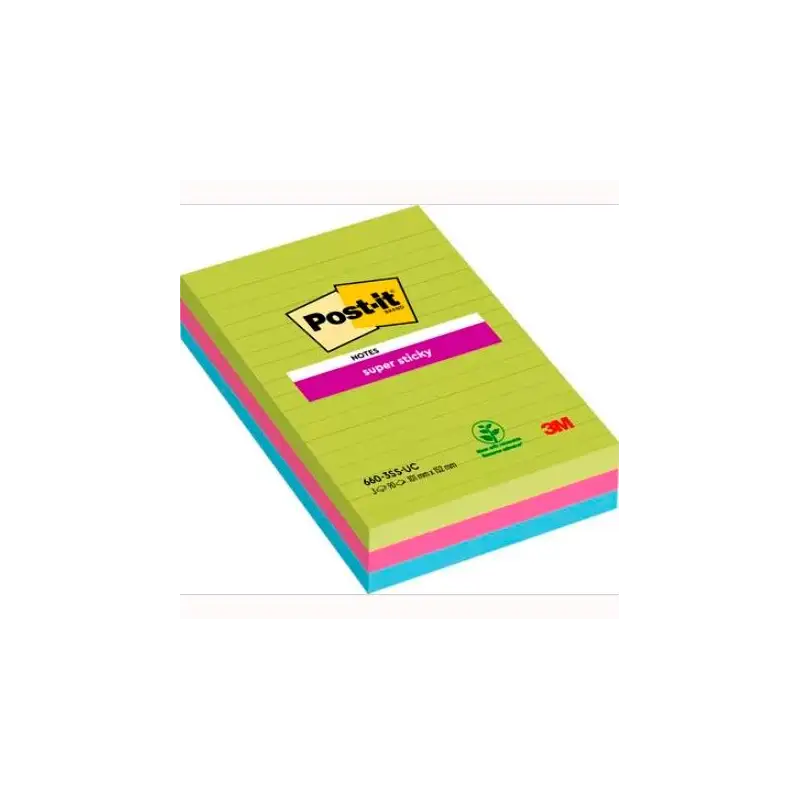 (7100235020) POST-IT BLOC NOTAS ADHESIVAS SUPER STICKY CON LÍNEAS 90H FORMATO GRANDE 102X152 C/SURTIDOS PAQUETE 3 UD