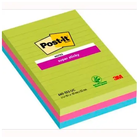 (7100235020) POST-IT BLOC NOTAS ADHESIVAS SUPER STICKY CON LÍNEAS 90H FORMATO GRANDE 102X152 C/SURTIDOS PAQUETE 3 UD