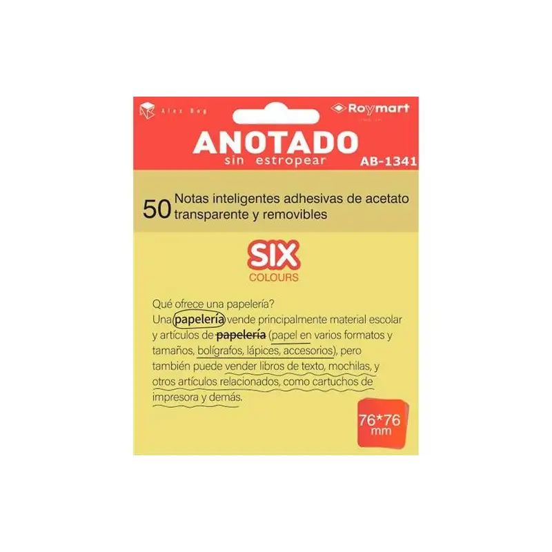 (AB-1341) ROYMART BLOC NOTAS ADHESIVAS INTELIGENTES REMOVIBLES 50H 76X76 ACETATO TRANSPARENTE AMARILLO FLUORESCENTE