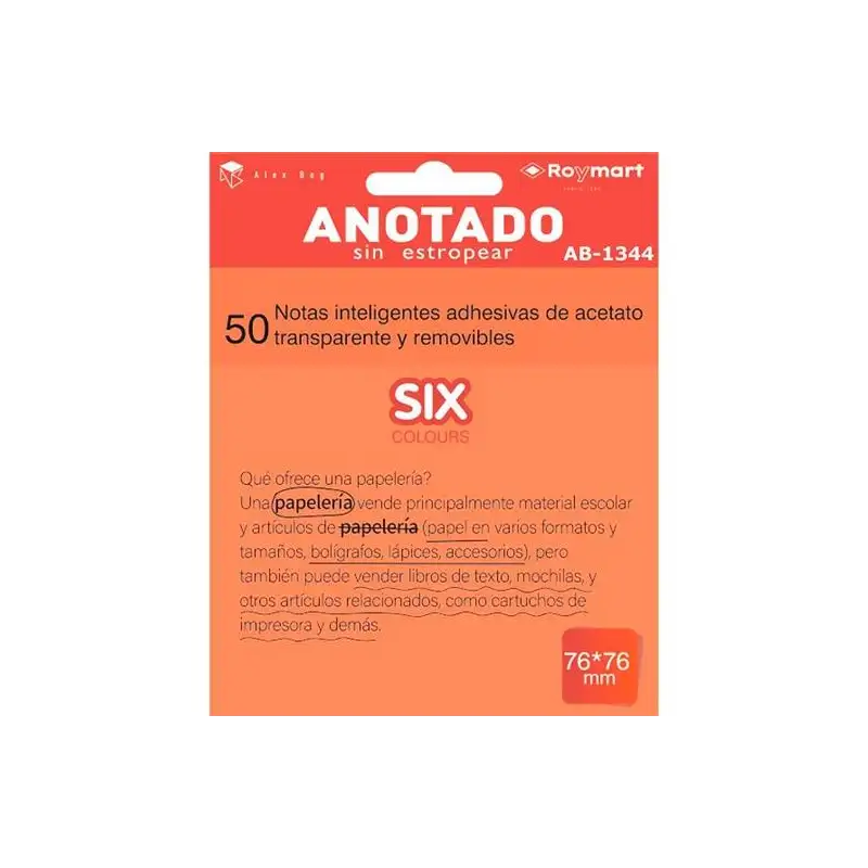 (AB-1344) ROYMART BLOC NOTAS ADHESIVAS INTELIGENTES REMOVIBLES 50H 76X76 ACETATO TRANSPARENTE NARANJA FLUORESCENTE