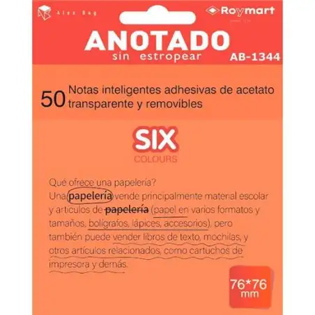 (AB-1344) ROYMART BLOC NOTAS ADHESIVAS INTELIGENTES REMOVIBLES 50H 76X76 ACETATO TRANSPARENTE NARANJA FLUORESCENTE