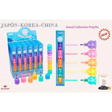 (EKW-003) ROYMART MARCADORES PULPILLOS KAWAII SET DE 5 EXPOSITOR DE 24 C/SURTIDOS