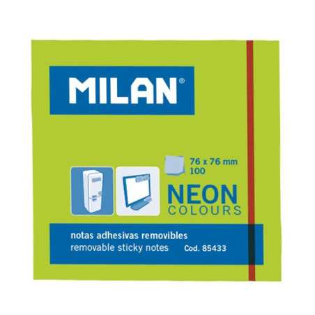 (85433) MILAN BLOC NOTAS ADHESIVAS REMOVIBLES 100H 76X76 VERDE FLUORESCENTE