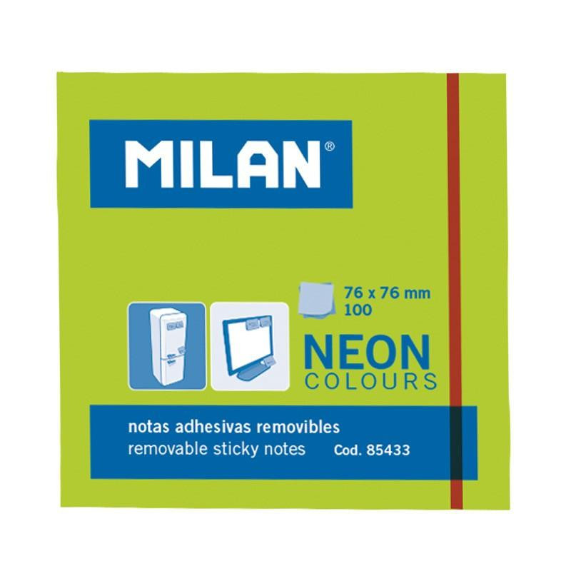 (85433) MILAN BLOC NOTAS ADHESIVAS REMOVIBLES 100H 76X76 VERDE FLUORESCENTE