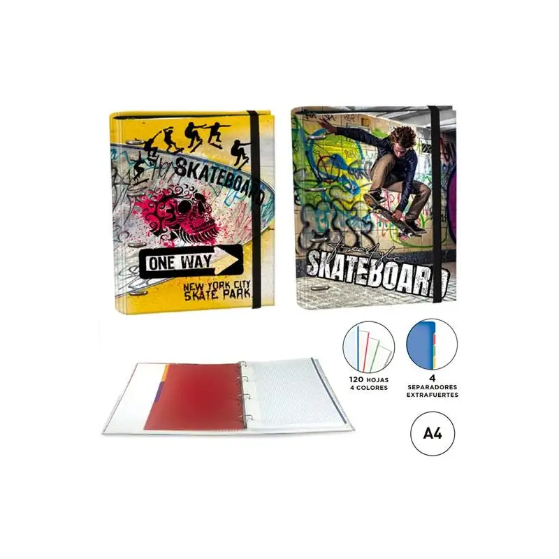 (18104230) SENFORT CARPETA ANILLAS 4X30MM RINGBOOK C/RECAMBIO 120H A4 C/GOMA 4 SEPARADORES SKATEBOARD SURTIDO