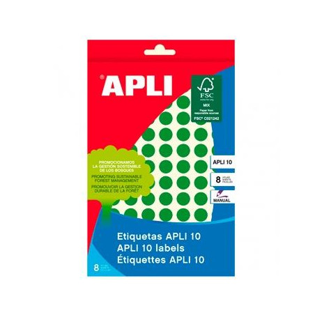 (02733) APLI ETIQUETAS ADHESIVAS CIRCULARES Ø10MM ESCRITURA MANUAL 126 X 8H APLI 10 VERDE