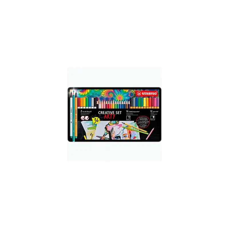 (87/3193) STABILO ROTULADORES CREATIVE SET ARTY C/SURTIDOS 12 POINT 88 + 8 PEN 68 BRUSH + 16 AQUACOLOR CAJA DE METAL 36 UD