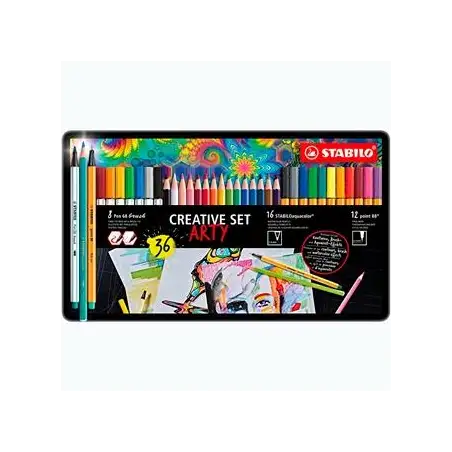 (87/3193) STABILO ROTULADORES CREATIVE SET ARTY C/SURTIDOS 12 POINT 88 + 8 PEN 68 BRUSH + 16 AQUACOLOR CAJA DE METAL 36 UD