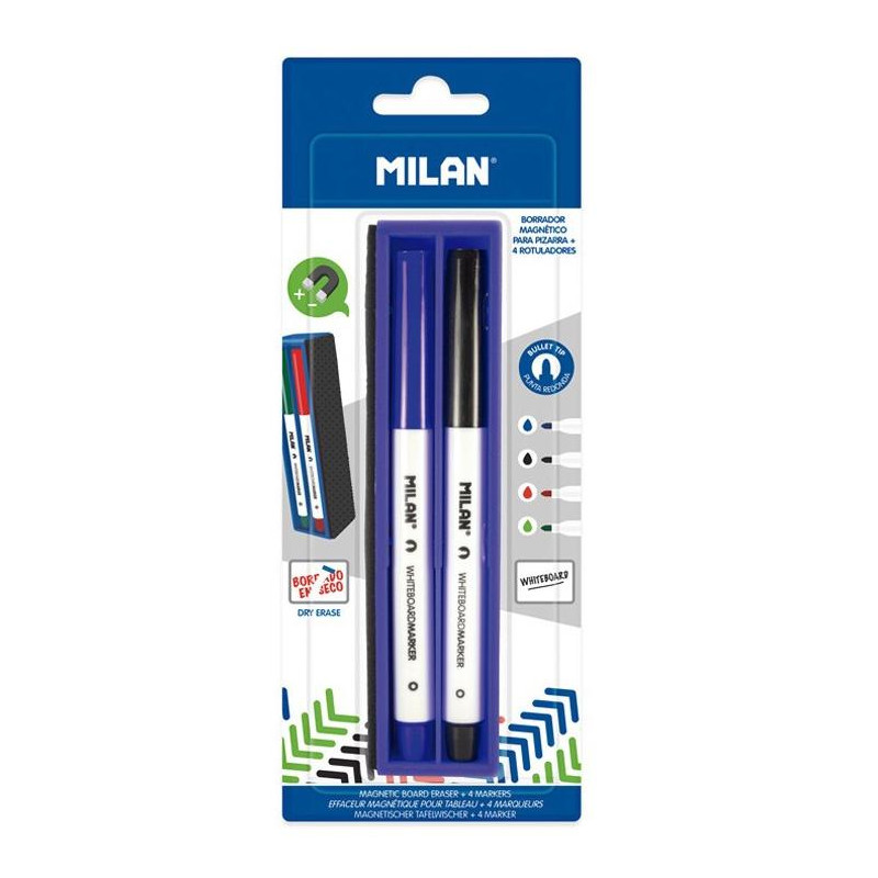 (BWM10402) MILAN MARCADORES PIZARRA BLANCA C/SURTIDOS 4 UD + 1 BORRADOR MAGNÉTICO BLÍSTER