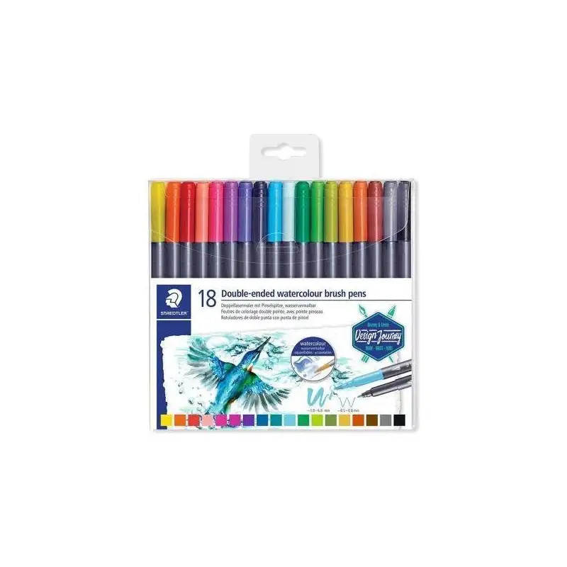 (3001 TB18) STAEDTLER ROTULADORES DESIGN JOURNEY DOBLE PUNTA FINA/PINCEL ACUARELABLES C/SURTIDOS ESTUCHE 18 UD