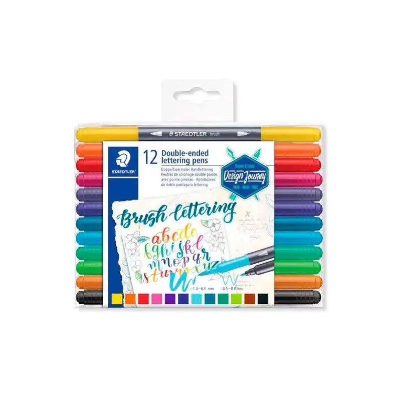 (3004 TB12) STAEDTLER ROTULADORES BRUSH LETTERING DOBLE PUNTA FINA/PINCEL C/SURTIDOS ESTUCHE 12 UD