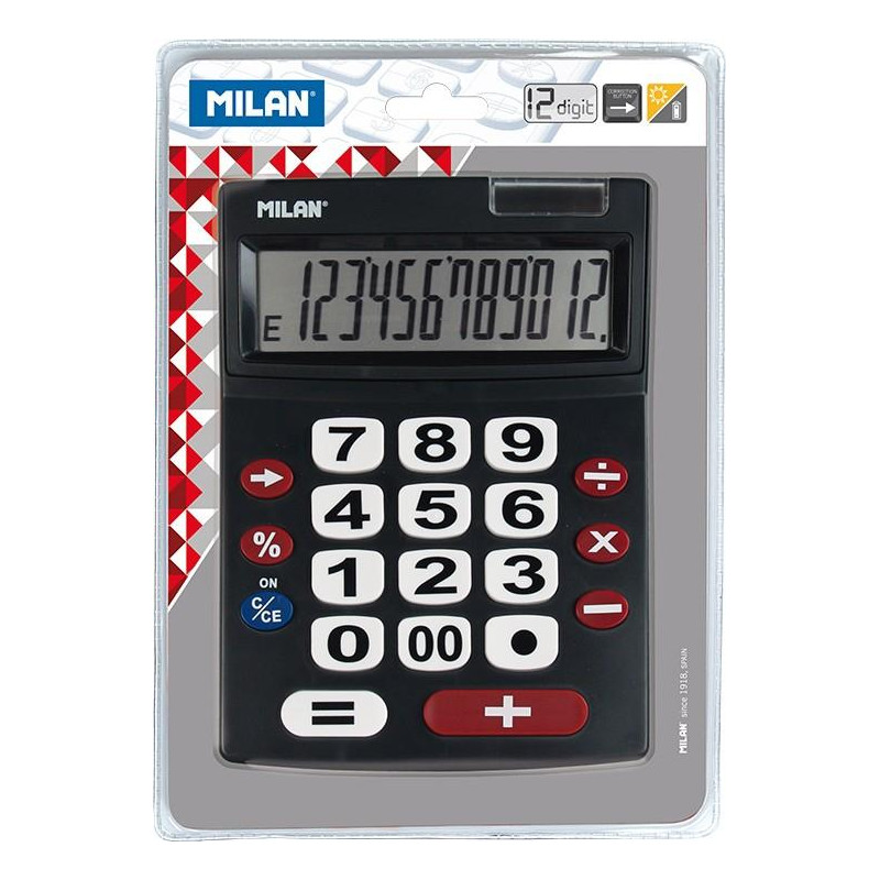 (151712BL) MILAN CALCULADORA NEGRO EXTRA-GRANDE 12 DIGITOS DUAL BLISTER