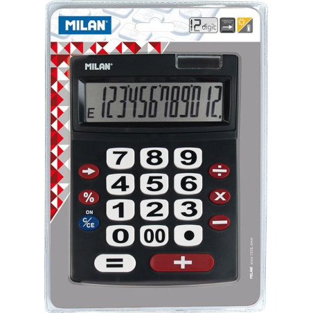 (151712BL) MILAN CALCULADORA NEGRO EXTRA-GRANDE 12 DIGITOS DUAL BLISTER