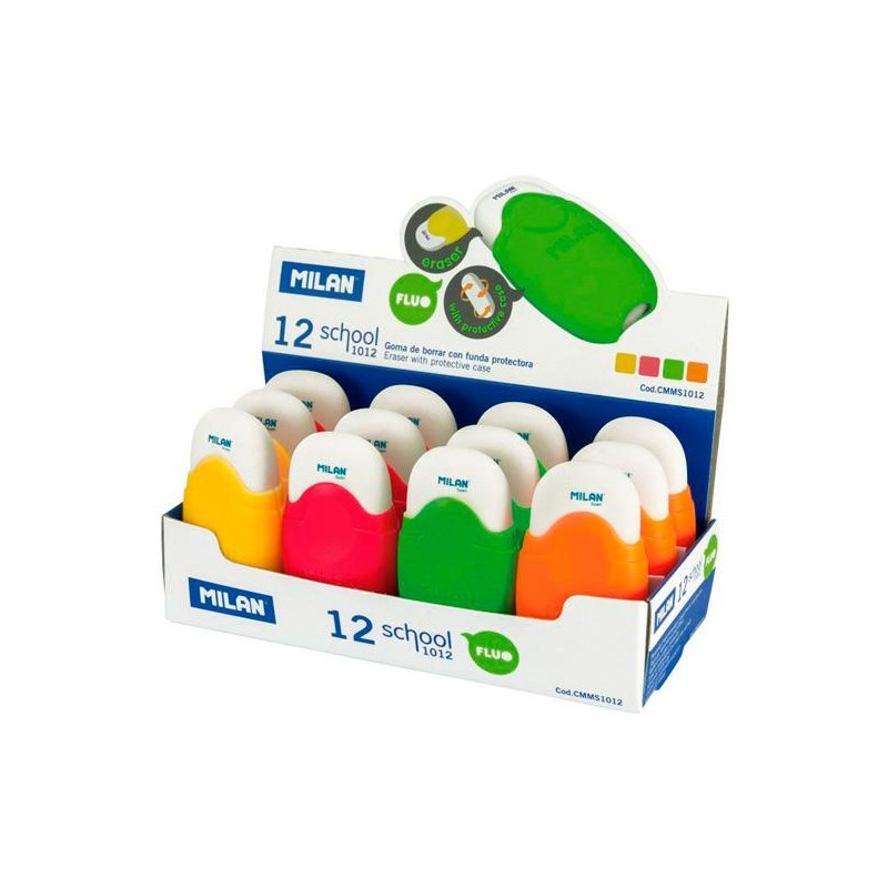 (CMMS1012) MILAN GOMA CON FUNDA PROTECTORA SCHOOL ACID CAJA EXPOSITORA 12 C/SURTIDOS