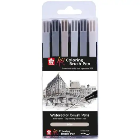 (XBR6A) TALENS SAKURA ROTULADORES PUNTA PINCEL KOI COLOURING BRUSH PEN C/SURTIDOS URBANOS ESTUCHE 6 UD