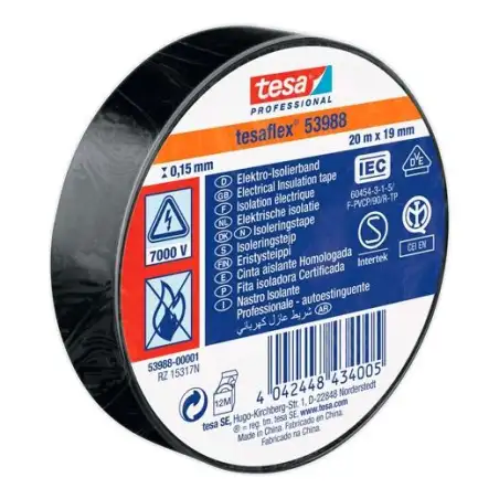 (53988-00001-11) TESA CINTA AISLANTE ELÉCTRICA PROFESSIONAL 20M X 19MM NEGRO