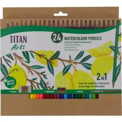 (130120024) TITAN ARTS LÁPICES DE COLORES ACUARELABLES SURTIDOS ESTUCHE 24 UD + PINCEL + GOMA + SACAPUNTAS