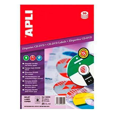 (02899) APLI ETIQUETAS ADHESIVAS PARA CD-DVD TAMAÑO CLÁSICO INKJET/LÁSER 2 X 25H DORSO OPACO