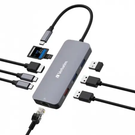 (32152) VERBATIM HUB PRO USB-C A 1XUSB 3.2/2XUSB 3.2/1XHDMI/1XRJ45/2XUSB-C/1XSD/1XMICROSD PLATA