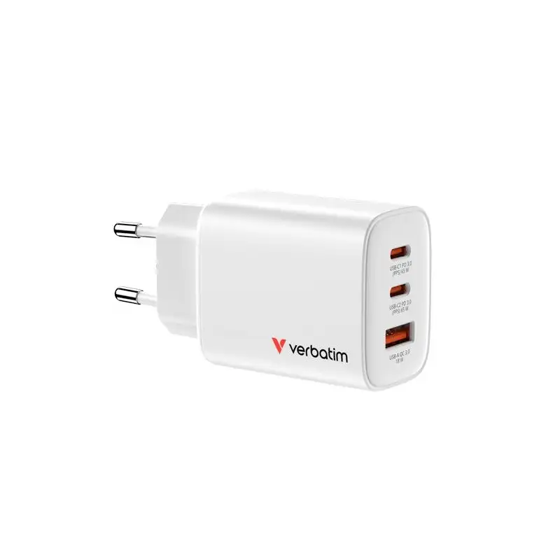 (32353) VERBATIM CARGADOR PARED GAN ESSENTIALS  65W 2XUSB-C 3.0 Y 1XUSB-A BLANCO