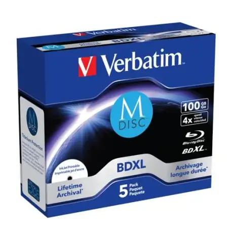 (43834) VERBATIM BDXL MDISC BLU-RAY 100GB 4X SPEED DATALIFE WHITE BLUE SURFACE- 5 PACK