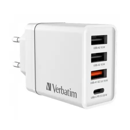 (49701) VERBATIM CARGADOR PARED GAN 30W 1XUSB-C PD/1XUSB-A 3.0/2XUSB-A